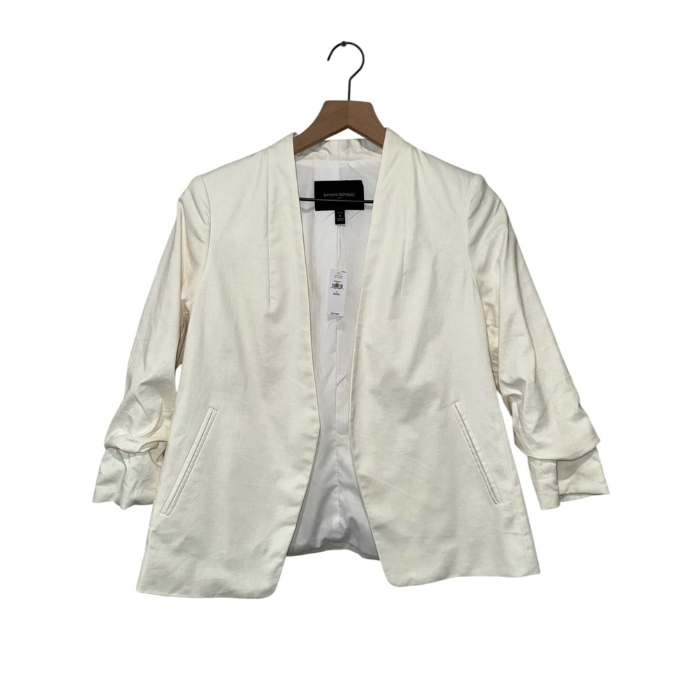Banana Republic‎ Linen Blend Open Blazer Ivory Sz 4 Petite Ruched 3/4 Sleeve